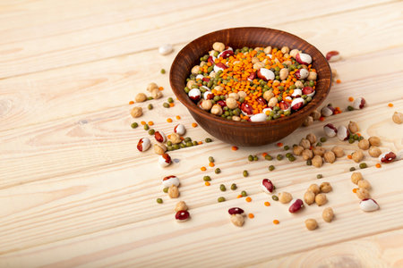 Raw dried legume on old rustic wooden table, close up, copy spaceの写真素材