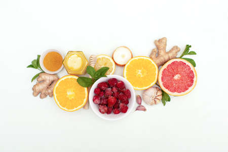 Healthy immune products background, immunity boosters composition top view.の写真素材