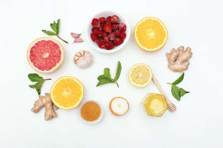 Healthy products for immunity on white background top view. Immune system boosters conceptの写真素材