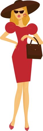 fashionable girl with a handbag in a hat and glassesのイラスト素材