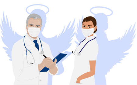 Doctors man and woman masked with wingsのイラスト素材