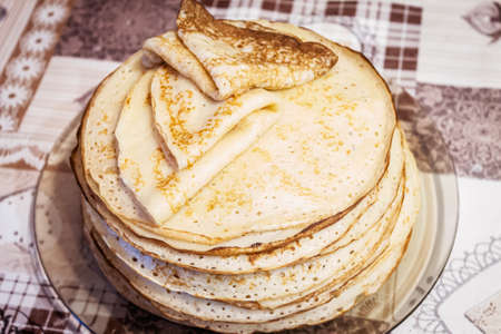 Appetite, delicious pancakes on a plate close-up. Carnival Festival.の写真素材
