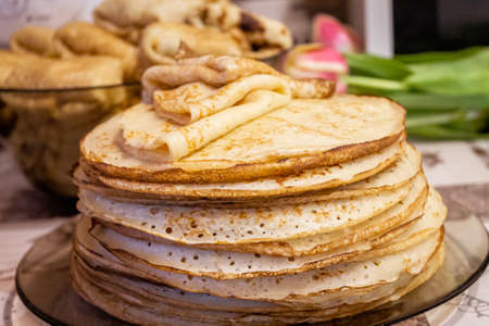 Appetite, delicious pancakes on a plate close-up. Carnival Festival.の写真素材