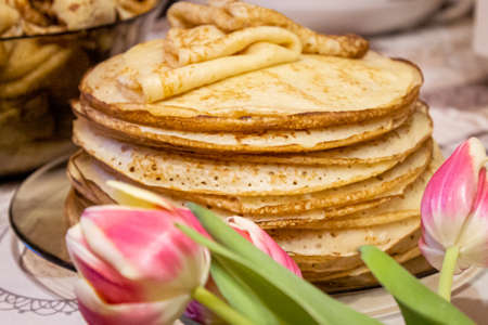 Appetite, delicious pancakes on a plate close-up. Carnival Festival.の写真素材