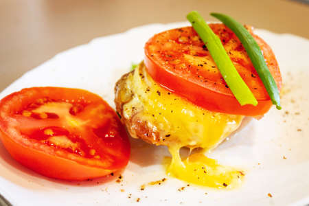 On a white plate baked chicken fillet with cheese onion and tomatoの写真素材