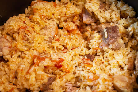 Oriental cuisine. Plov in a close-up. It's delicious.の写真素材