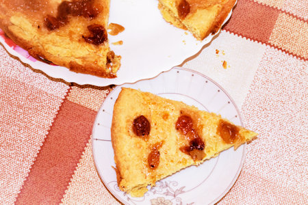 Delicious pie with berry jam close-up. Tea party.