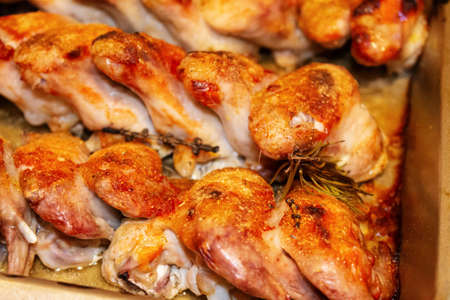 Juicy chicken wings with a crispy crust close-up. Cooked in the oven.の写真素材