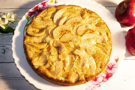 A close-up apple pie. Delicious, tender pastry to tea. Apple Feast.の写真素材