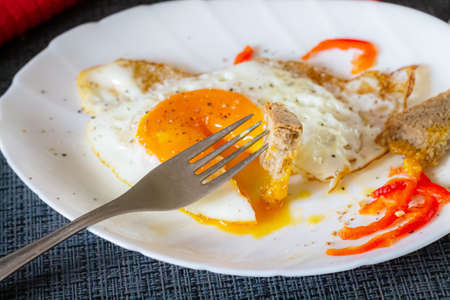 Scrambled eggs on a plate close-up. Delicious and healthy breakfast.の写真素材