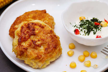 Delicious catlets on a plate with sauce of sour cream and greens close-up.の写真素材