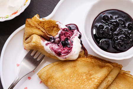 Delicious catlets on a plate with sauce of sour cream and greens close-up.の写真素材