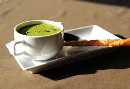 green cream soup of celery with cracker in white dishesの写真素材