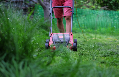 A man cutting the grass with a lawn mower