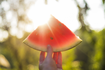 Slice of watermelon in a hand, sunny day, summer concept.の写真素材