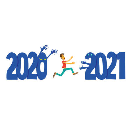 Scared man running away from 2020 to 2021. New year concept.のイラスト素材