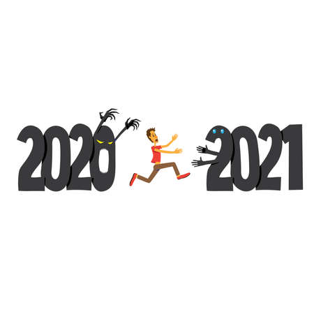 Scared man running away from 2020 to 2021. New year concept.のイラスト素材