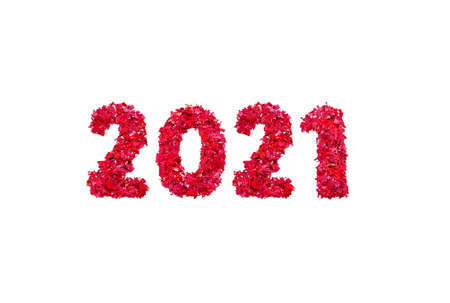 Figures 2021 made of red glitter on white background