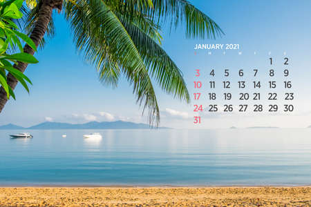 Calendar January 2021. Sea, ocean, beach, tropical, nature theme. A2. 60 x 40 cm. 15.75 x 23.62 inchesの写真素材