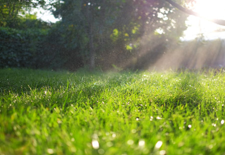 Fresh green grass and water drops over it sparkling in sunlight.