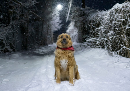 Cute fluffy beige dog sitting at snowy nightの写真素材