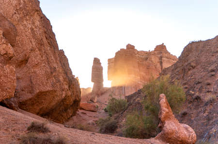 Beautiful sunset in Charyn canyon near Almaty city, Kazakhstanの写真素材