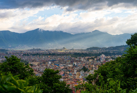 City view of Kathmandu, Nepal. Colorful buildings against the backdrop of mountains.の写真素材
