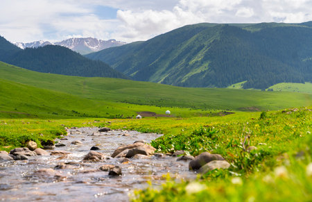 Beautiful nature of Kazakhstan on the Assy plateau in summer. Mountain river, green hills and white yurts.の写真素材