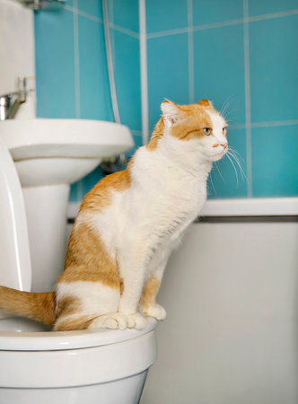 Cute cat sitting on human toilet bowl in bathroom.の写真素材