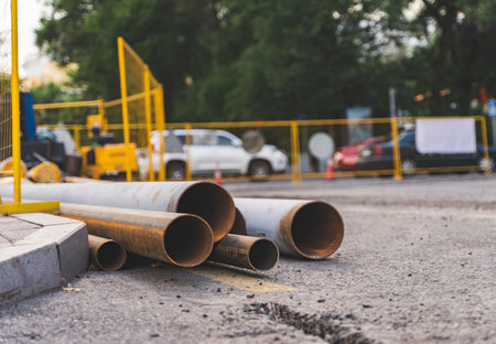 Road work. Reconstruction of the underground pipes on a city street. New metal pipes on the road.の写真素材