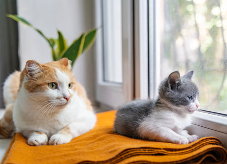 Cat and kitten relaxing together on a warm blanket by the window in cozy home interior