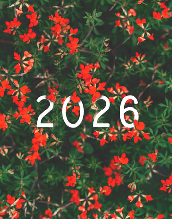 2026 New year white text hidden in red flowers and green leaves.