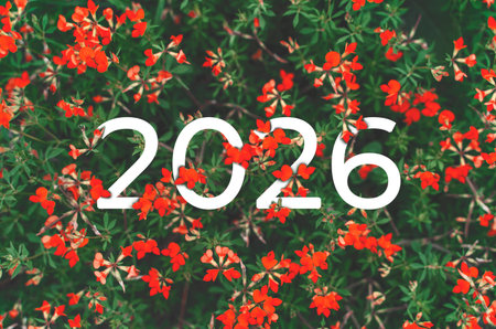 2026 New year white text hidden in red flowers and green leaves.の写真素材