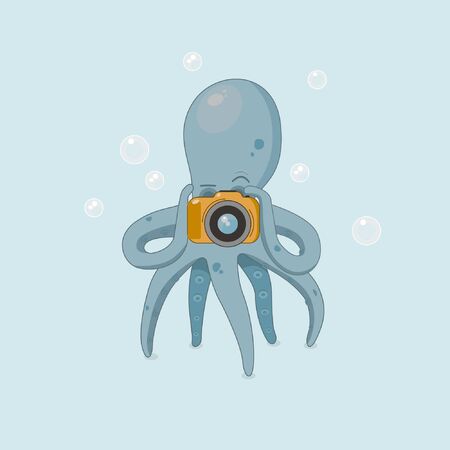 Octopus takes photos with a camera under waterのイラスト素材