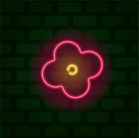 Glowing neon red flower on a brick wall backgroundの写真素材