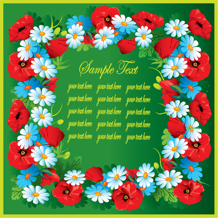 Beautiful flowers frame on a green background with sample text. Vector art-illustration.のイラスト素材