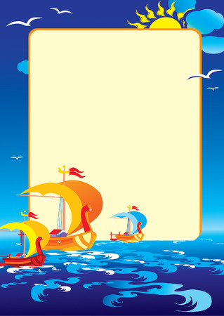 Ships at sea and sample text. Fairy-tale. Vector art-illustration.のイラスト素材