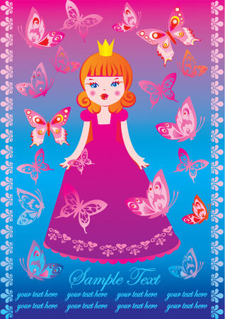 Beautiful princess with butterflies and sample text. Fairy-tale. Vector art-illustration.のイラスト素材