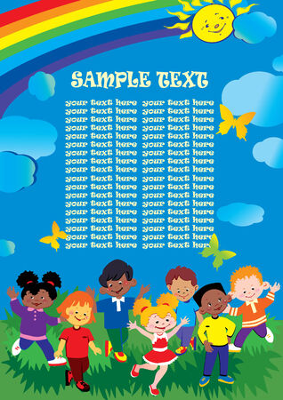 Friendship and equality. Place for sample text. Happy childhood. Vector art-illustration.のイラスト素材