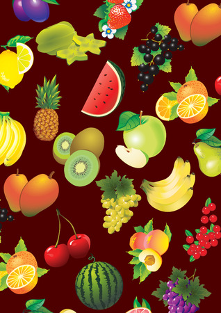 Various fruits on a red background.  Healthy food. Vector art-illustration.のイラスト素材