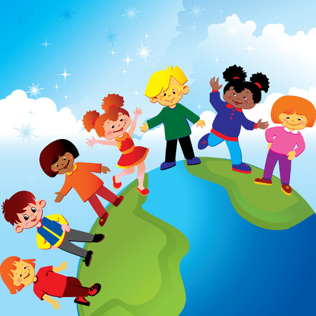 Happy childhood. Kids play together, art-illustration .のイラスト素材