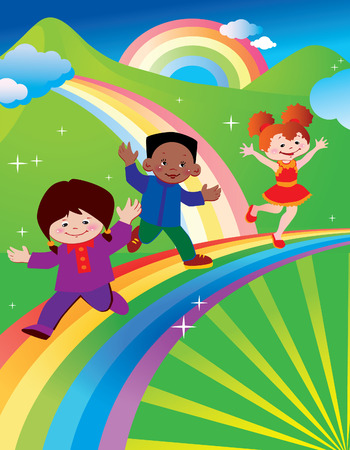 Kids are running around on a rainbow. art-illustration on a green background.のイラスト素材