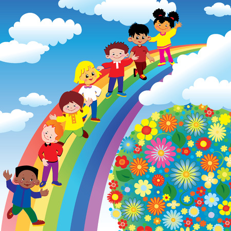 Children on rainbow slide. art-illustration on a blue background.のイラスト素材