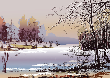 Spring landscape in sunny weather.  art-illustration.のイラスト素材