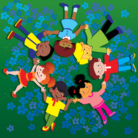 Happy kids of different nationalities play together on the grass. Happy childhood. art-illustration on a green background.のイラスト素材