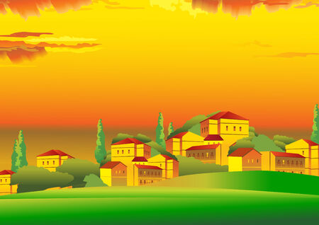 Evening landscape with the town. art-illustration.のイラスト素材