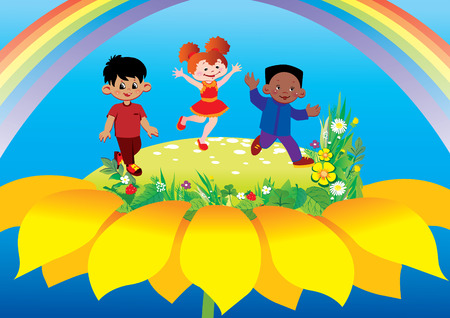 Happy children play together on flower. art-illustration.のイラスト素材