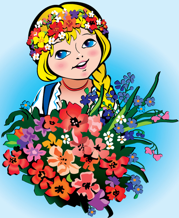 Beautiful girl with big bouquet of flowers on the blue background. のイラスト素材