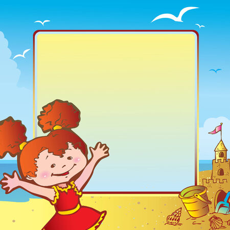 In holiday at the sea. A happy girl on the beach.  Place for your text.  art-illustration.のイラスト素材