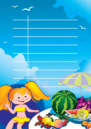 In holiday at the sea. A happy girl on the beach.  Place for your text.  art-illustration.のイラスト素材